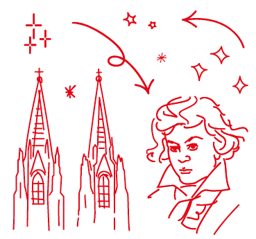 Rote handgeschriebene Illustrationen des Kölner Doms, Pfeilen, Herzen, Sternen und des Musikers Beethoven.
